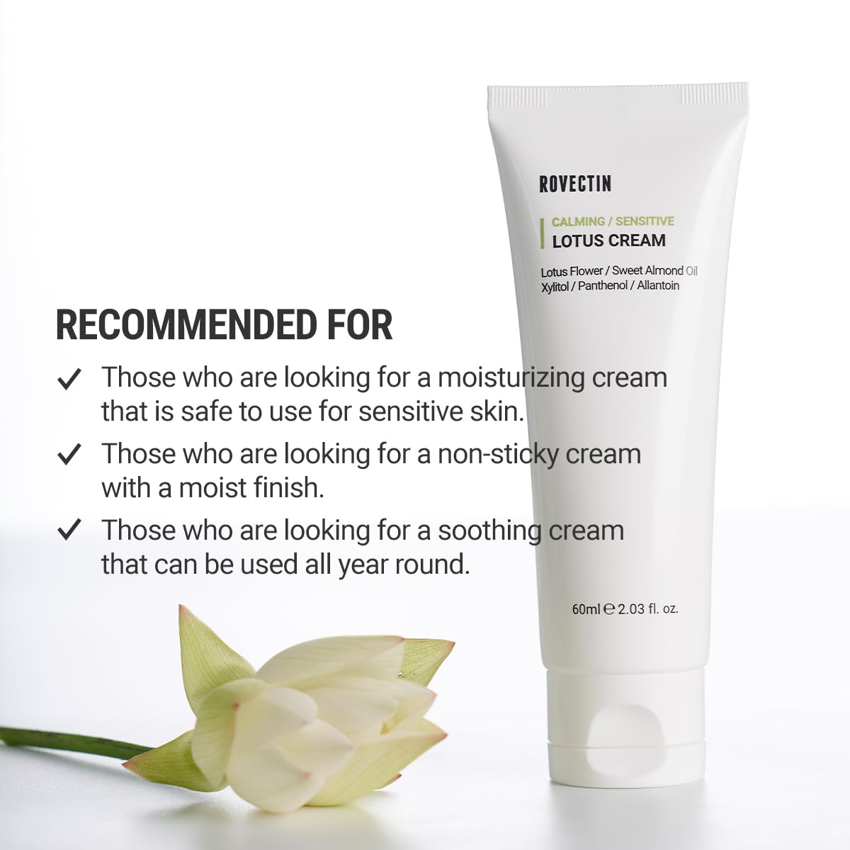 ROVECTIN Calming Lotus Water Cream - Lightweight Moisturizer Face Cream for Oily, Combination Skin | 75% Lotus Water Extract For Skin Purifying, Anti-Aging | Vegan Korean Skincare (2.03 fl oz, 60ml)-GlimoraGlow