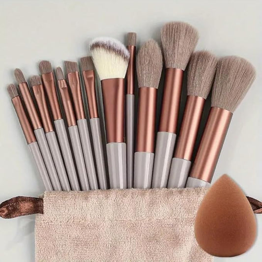 Foundation Makeup Brush Set Kit | 13 Pcs Premium Synthetic Kabuki Eye Shadows Make Up Brushes + 1 Sponge + 1 Brush Bag for Travel and Home Use (BROWN)-GlimoraGlow