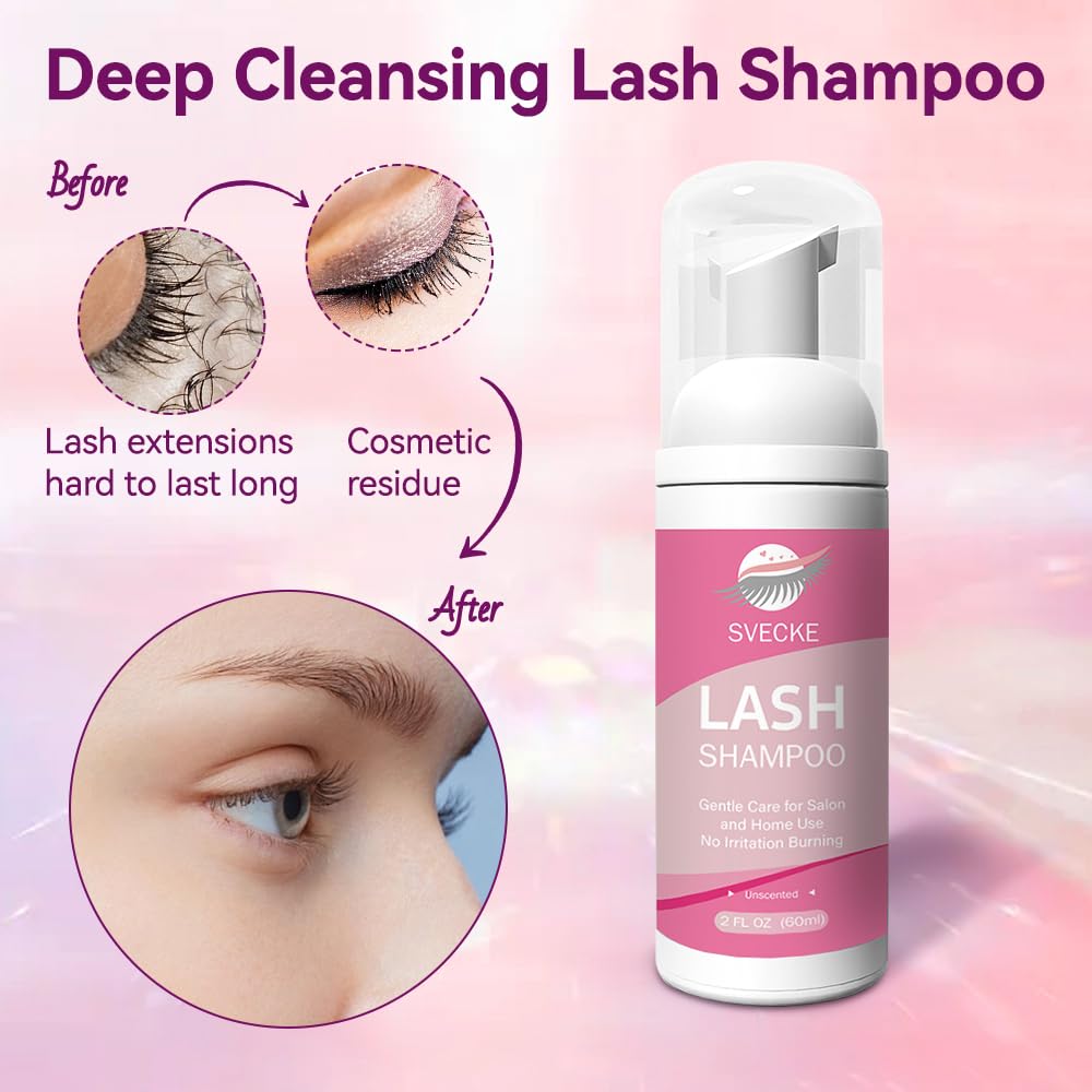 Lash Shampoo Kit, 2 fl.oz / 60ml Eyelash Cleanser, Eyelash Shampoo for Lash Extensions, Lash Cleaning Kit with Lash Fan Dryer, Eyelash Remover for Salon and Home Use-GlimoraGlow