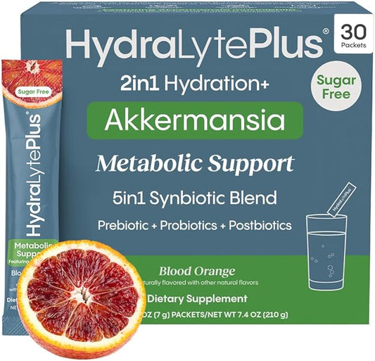 Hydralyte Plus Metabolic Support - Sugar-Free Electrolytes + Akkermansia Probiotic for Women and Men - Blend of Prebiotics and Probiotics for Digestive Support + Fiber (30 Pack, Blood Orange)-GlimoraGlow