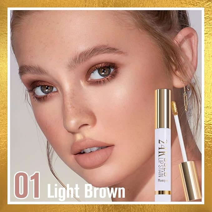 2025 New 24K Gold Liquid Lip Gloss Peel Off Lip Stain Tattoo with Tweezer, Light Brown Lips Stain Peel Off Masque, Long Lasting Waterproof Lip Tint Stain, Transfer-proof for All Skin Types 01#-GlimoraGlow