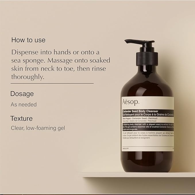 Aesop Coriander Seed Body Cleanser | Refreshing & Invigorating | Spicy, Woody, Warm | 16.9 oz / 500mL + Eleos Nourishing Body Cleanser Sample-GlimoraGlow