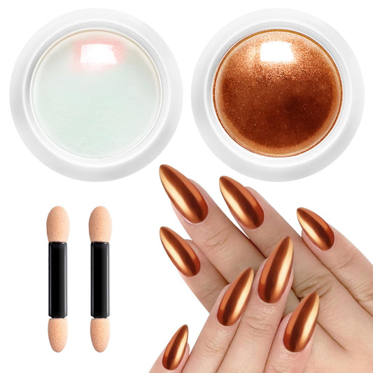 2 PCS Chrome Nail Powder：Mirror Effect Copper Chrome Nail Powder,Metallic Mirror Orange Chrome Nail Powder Decoration for DIY Nail Art,Bronze Pigment Holo Chrome Powder-GlimoraGlow