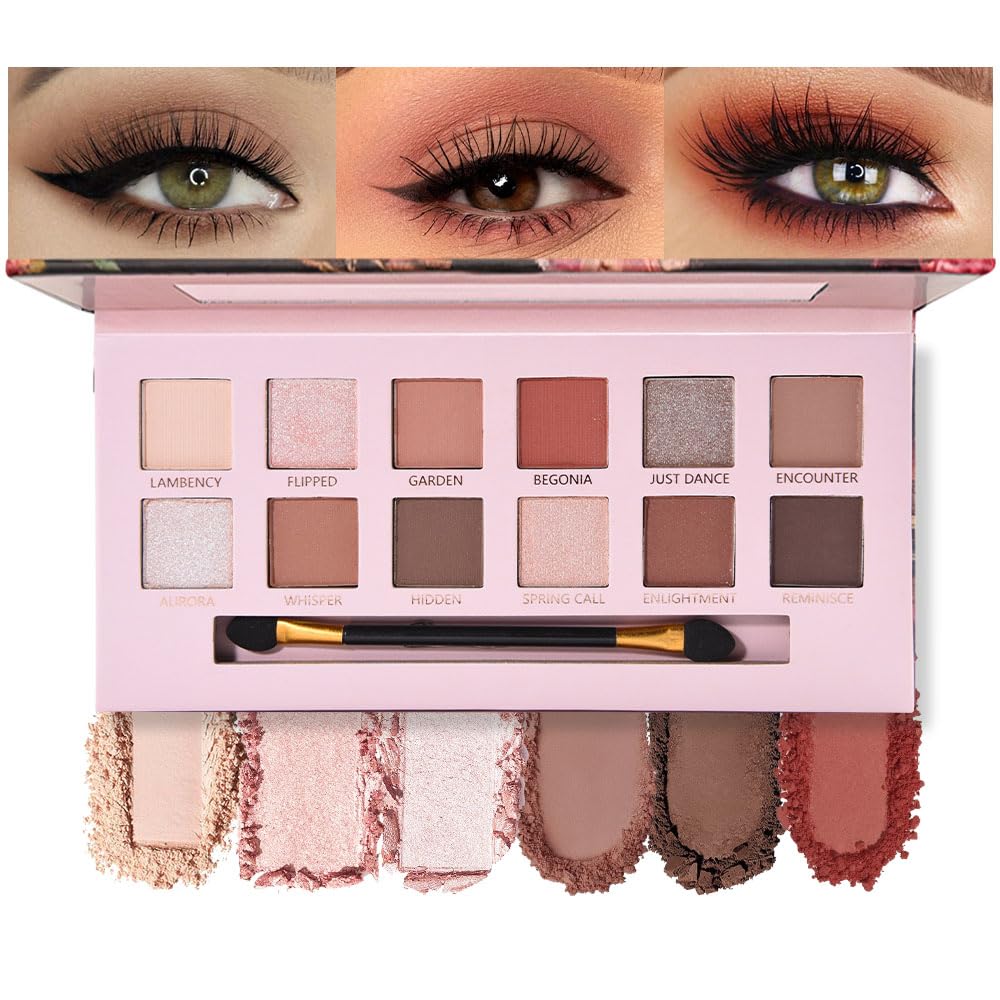 12Colors Eye Shadow Palette With Mirror and Brush,Nude Pink Brown Neutral Natural Eyeshadow Palette,Long Lasting Waterproof Travel Size Makeup Pallete-GlimoraGlow
