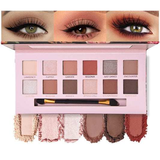 12Colors Eye Shadow Palette With Mirror and Brush,Nude Pink Brown Neutral Natural Eyeshadow Palette,Long Lasting Waterproof Travel Size Makeup Pallete-GlimoraGlow