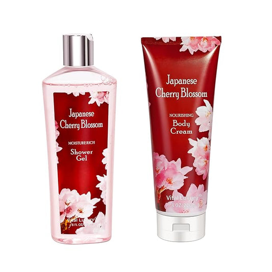 Japanese Cherry Blossom Shower Gel and Body Cream Set - Nourishing and Moisturizing Daily Skincare - 8 fl.oz / 236mL Each, Christmas Gifts for Her and Him (Japanese Cherry Blossom)-GlimoraGlow