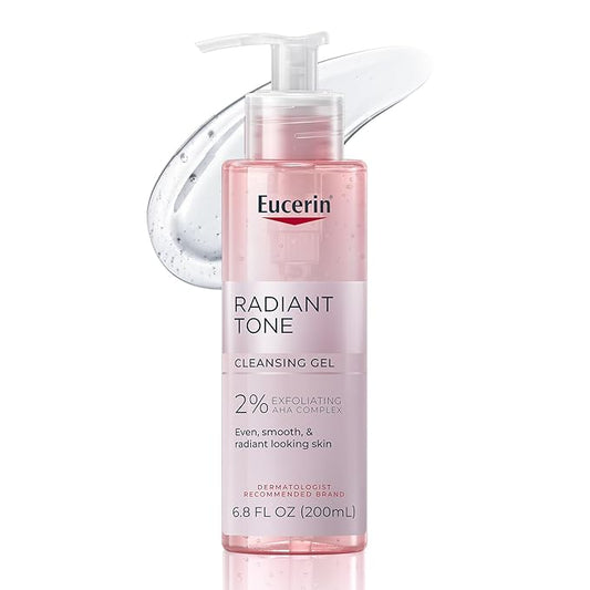Eucerin Radiant Tone Face Cleanser Gel with 2% Exfoliating AHA Complex, Gentle Face Wash Improves Skin Clarity and Boosts Radiance, All Skin Types, 6.8 Fl Oz Bottle-GlimoraGlow