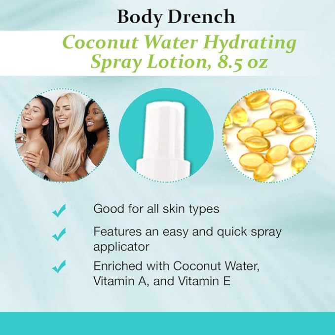 Body Drench Coconut Water Hydrating Spray Lotion for All Skin Types, 8.5 fl oz-GlimoraGlow