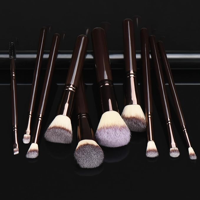 10 Piece Black brown Makeup Brushes - Wooden Handle with Soft Synthetic Bristles,for Face & Eye Makeup|Professional Makeup Brushes set for Women & Girls|-GlimoraGlow