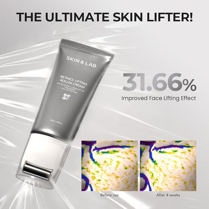 [SKIN&LAB] Retinol Lifting Roller Cream with Massage applicator, Vegan Anti Aging Face and Neck Cream for Reduce Wrinkles and Fine Line, For Face, Neck, Décolleté Wrinkle Care, 1.69 fl. oz.-GlimoraGlow