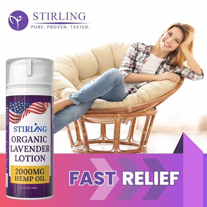 STIRLING Lavender Lotion – Organic Lavender with 2000mg Hemp Oil, Aloe Vera, and Vitamin E – Nourishing and Moisturizing Body Lotion for a Soft and Smooth Feel-GlimoraGlow