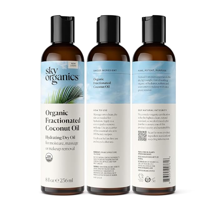 Sky Organics Fractionated Coconut Oil, Hydrating Dry Oil for Moisture, Massage and Makeup Removal, Suitable for All Skin Types, 100% Pure and Cold Pressed Multipurpose Body and Face Oil, 8 fl. Oz-GlimoraGlow