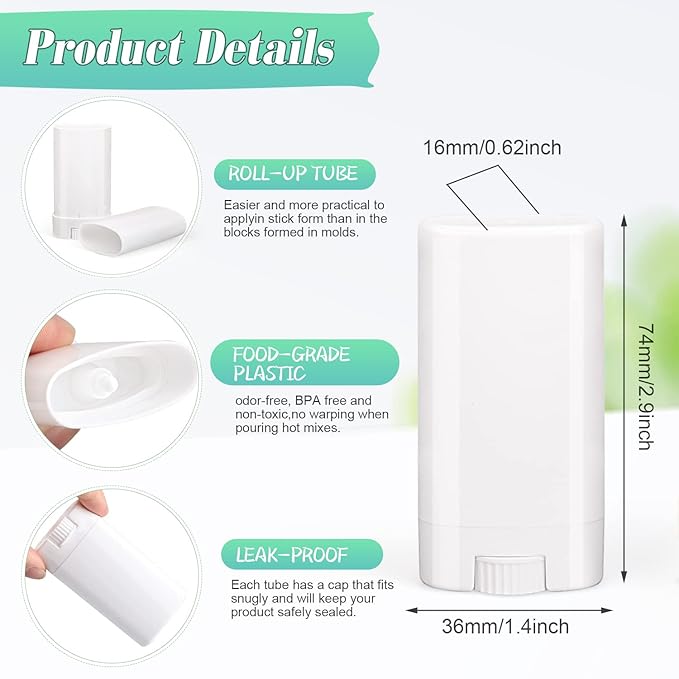 15ml Travel Deodorant Containers,Top-Fill,Empty Plastic Oval Lip Balm Tubes for Chapstick,Lip Balm,Lotion Bar Sticks,Salve,Homemade Solid Lotion,Sample Size Deodorant-30 Pack,White-GlimoraGlow