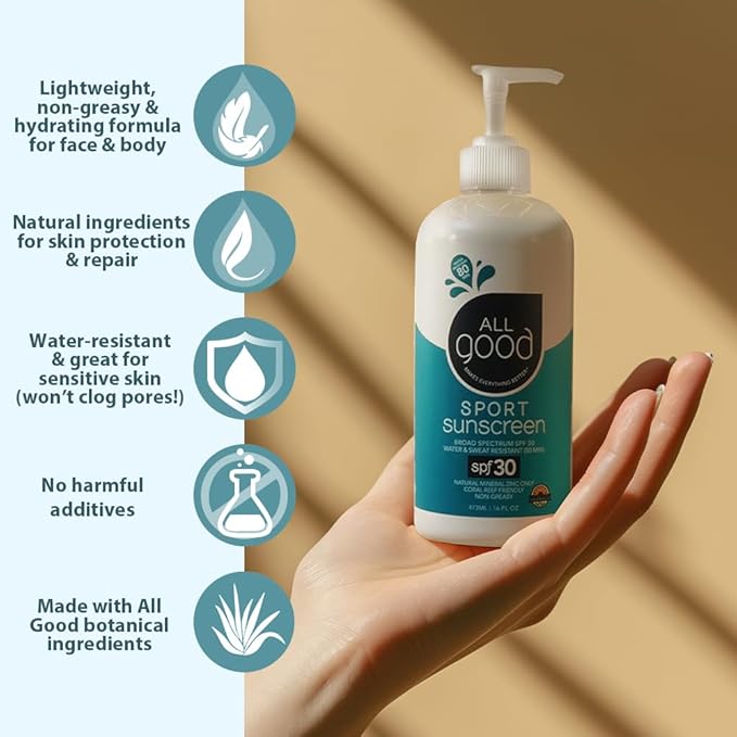 All Good Sport Mineral Sunscreen Lotion - Coral Reef Friendly, Water & Sweat Resistant, Face & Body, UVA/UVB Broad Spectrum SPF 30+ (16 oz Pump)-GlimoraGlow