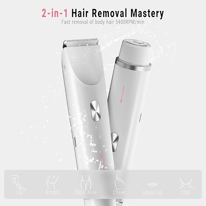 2-in-1 Bikini Trimmer for Women, Bikini Shaver with Dual Heads, Painless Body and Facial Hair Removal, Rechargeable Cordless Electric Razors for Face Chin Pubic Underarm Legs, IPX7 Waterproof, White-GlimoraGlow