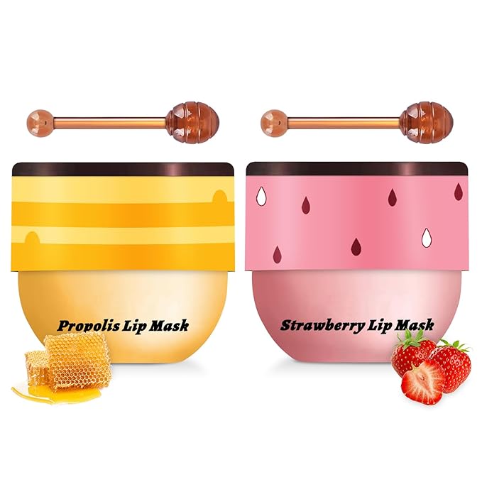 2 PCS Bee Lip Balm Honey Pot, Honey & Strawberry Lip Mask Overnight Propolis Moisturizing Lip Balm Hydrating Prevention Dry and Crack Lip Scrubs Exfoliator Lip Wrinkle Care (Honey&Strawberry)-GlimoraGlow