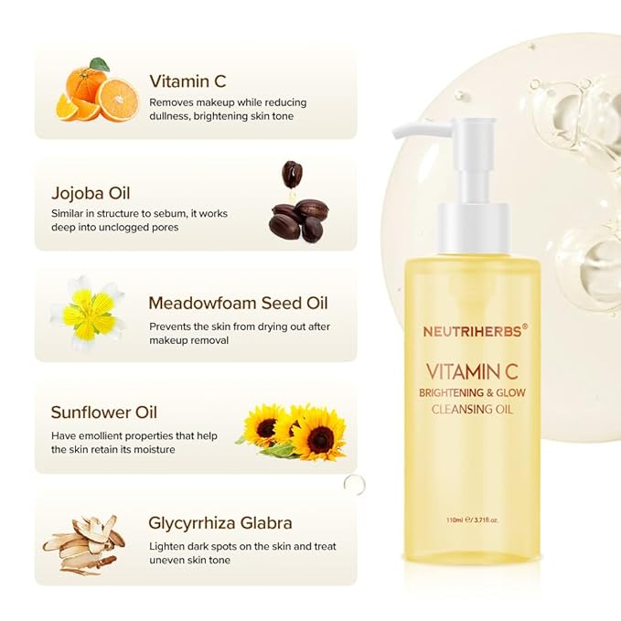 Neutriherbs Makeup Remover Oil Cleanser, Vitamin C Cleansing Oil for Long Last and Waterproof Makeup, Sunscreen, Fit All Skin Type - 3.71 Fl.Oz-GlimoraGlow