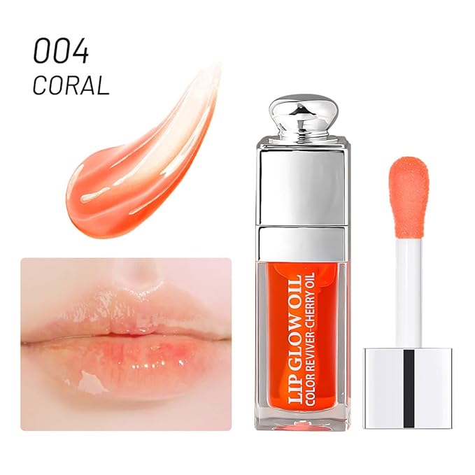 Hydrating Lip Glow Oil, Moisturizing Plumper Lip Gloss, Transparent Plumping Balm, Tinted Balm Care 0.2 OZ - 004 CORAL-GlimoraGlow
