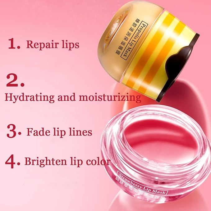2 Pcs Bee Lip Balm Honey Pot,Honey & Strawberry Lip Mask Propolis Moisturizing Lip Balm with Stick,Prevention Dry and Cracked Lip Scrubs,Exfoliator Lip Wrinkle Skin Care Products-GlimoraGlow