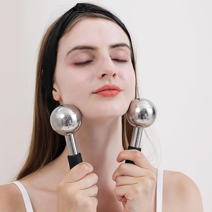 360 Rotating Ice Globes for Face & Eyes, Unbreakable Stainless Steel Cryo Sticks for Beauty Routines, Facials Cold Roller Colling Globes for Puffiness, Wrinkles, Dark Circles, Headaches-GlimoraGlow