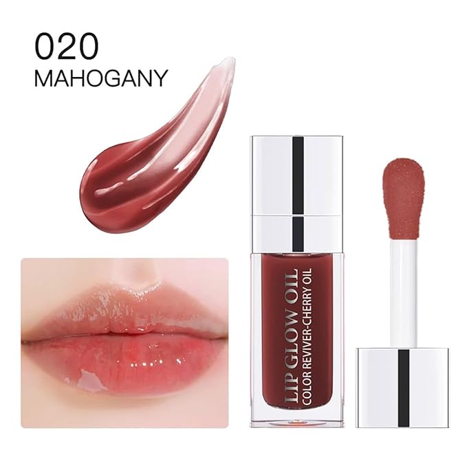 Hydrating Lip Glow Oil-Lip care oil- Lip Oil Tinted for Lip Care and Dry Lips-Prevents Dry Cracked-Non-sticky Big Brush Head-Lip Plumping -Lip Oil gloss tinted-020#MAHOGANY-GlimoraGlow