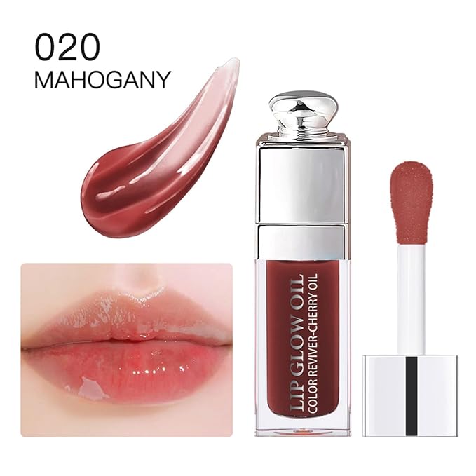 Hydrating Lip Glow Oil-Lip care oil- Lip Oil Tinted for Lip Care and Dry Lips-Prevents Dry Cracked-Non-sticky Big Brush Head-Lip Plumping -Lip Oil gloss tinted-020#MAHOGANY-GlimoraGlow