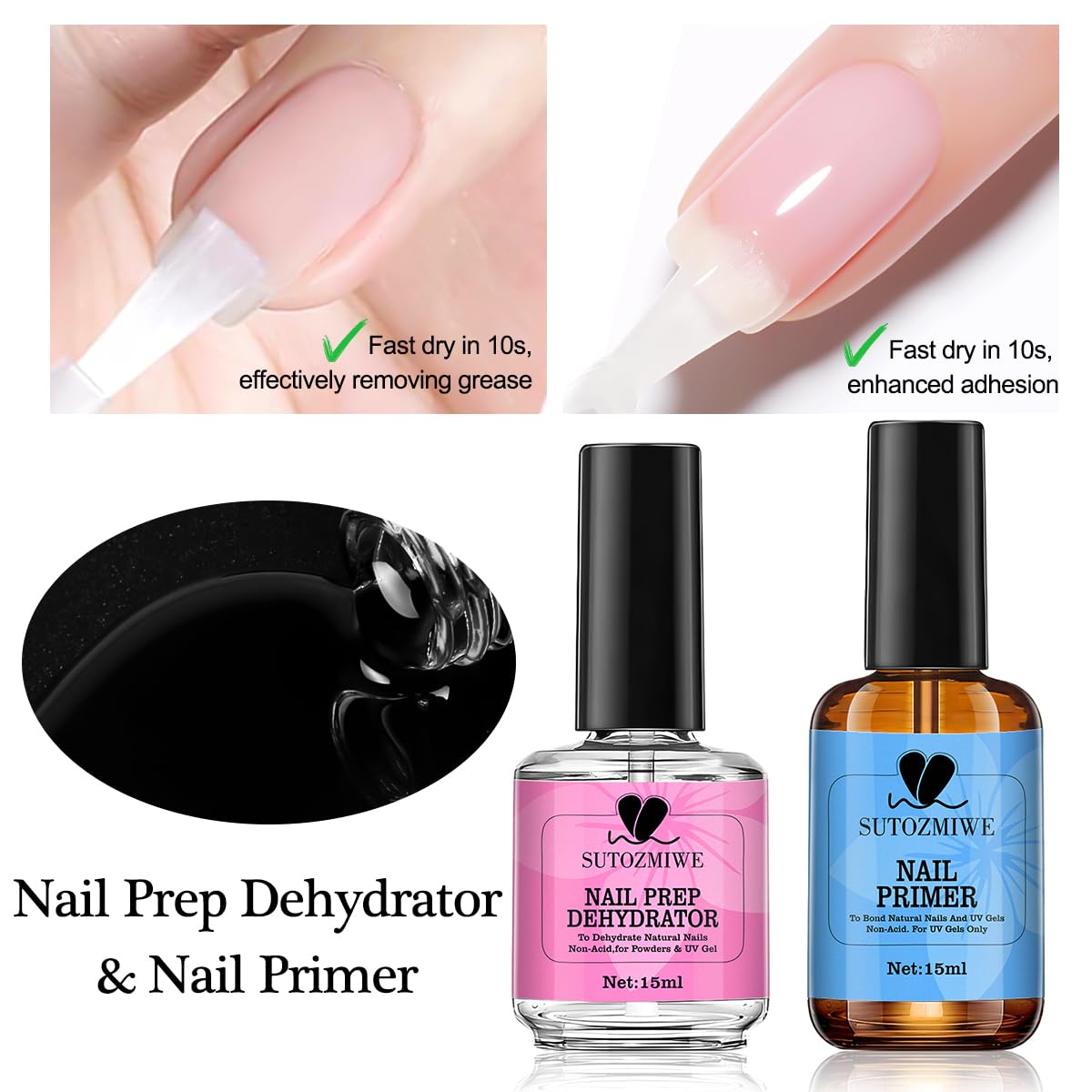 15 ml Nail Dehydrator and Primer Set, Acid Free Natural Prep Dehydrate & Bond Primer, Professional Nail Prep Kit for Acrylic Nails Gel Polish Manicure Nails Supplies Fast Dry-GlimoraGlow