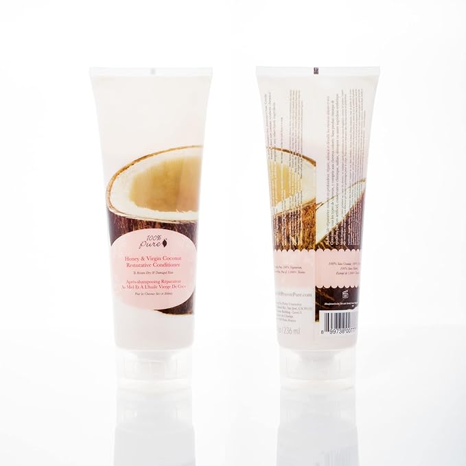 100% PURE Honey & Virgin Coconut Restorative Conditioner Moisturizer & Repair Replenishing Nutrient Boost for Dry Damaged Hair, Promotes Healthy Growth for Women & Men - Sulfate Free - 8 Fl Oz-GlimoraGlow