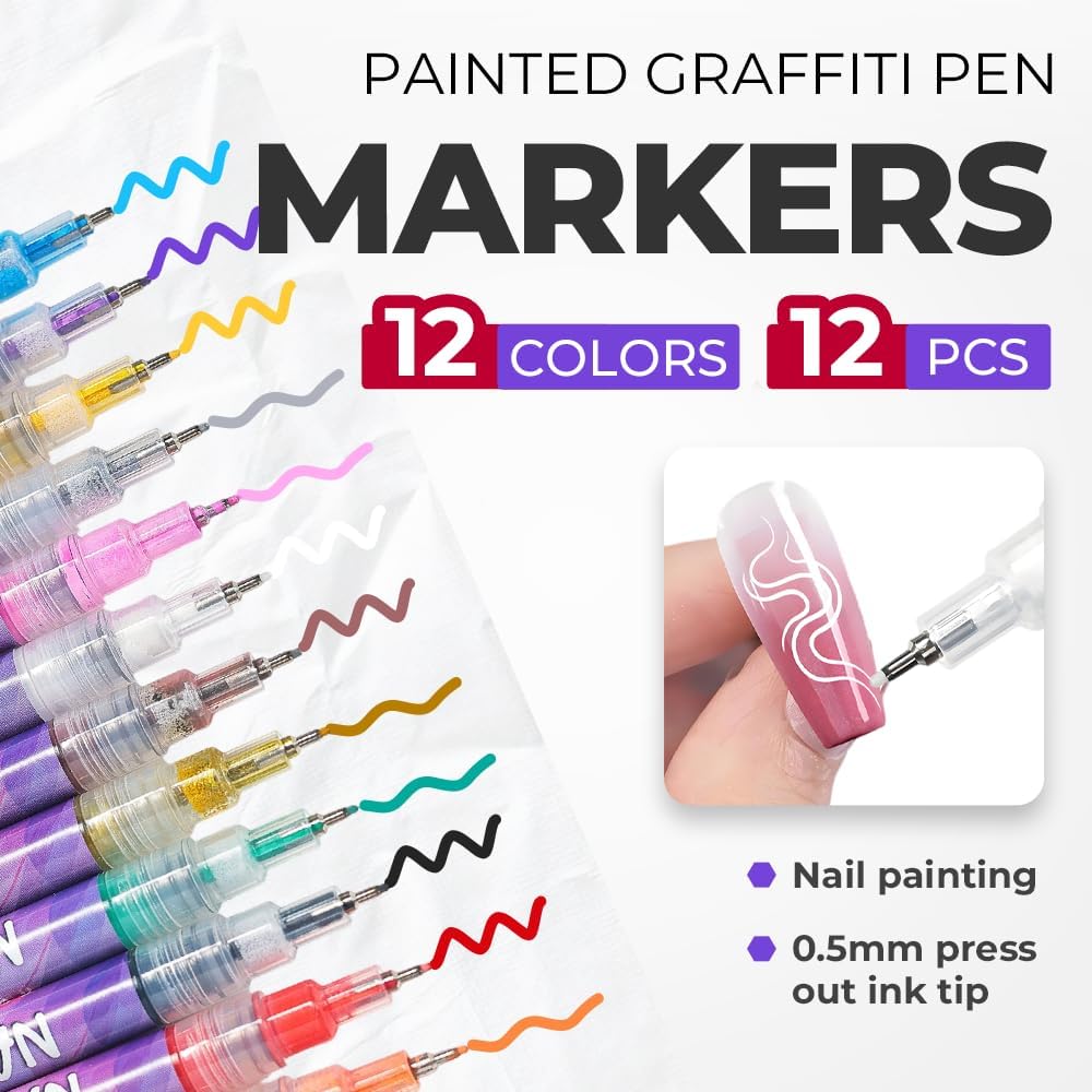 12 Colors Nail Art Pens Set, 2025 Upgrade Nail Art Markers for Gel Nails, 3D Nail Polish Pens, Drawing Painting Point Dotting Pen Acrylic Paint Marker for DIY Nails Art Manicure Tools (1 Set)-GlimoraGlow