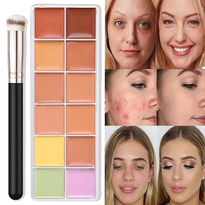 12 Color Correcting Concealer Palette With Concealer Brush, Cream Contouring Makeup Kit, Tattoo Concealer, Corrects Dark Circles Red Marks Scars Light Mediumor creamy concealer B1-GlimoraGlow