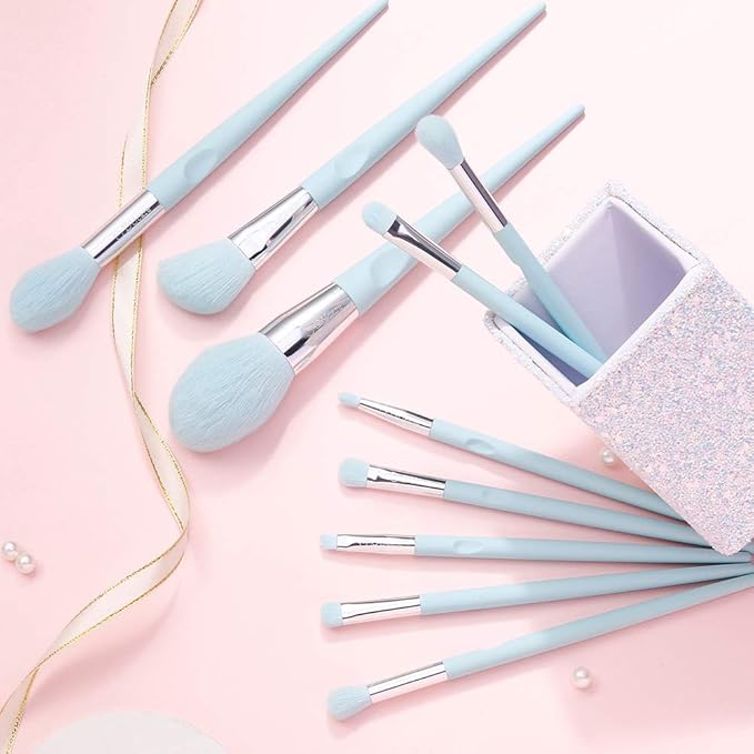 DUcare Makeup Brushes with Holder - 10Pcs Professional Synthetic Make Up Brushes Set for Blush Concealer Foundation Bronzer Powder Eyebrow Contour Eyeshadow Blending Makeup Brush Set, Ice Lake Blue-GlimoraGlow