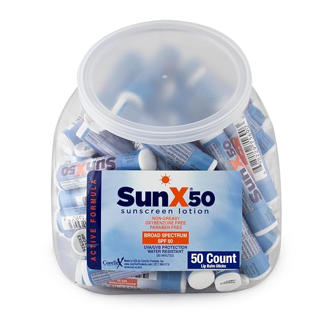CoreTex Sun X 50 Lip Balm SPF 50 (Pack of 50) - Sunscreen Lip Balm, Water Resistant up to 80 Minutes & Free of Parabens & Oxybenzone - SPF 50 Broad Spectrum (UVA/UVB) Lip Protection-GlimoraGlow