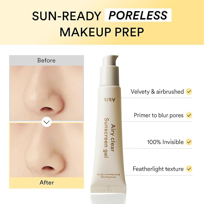 Abib Airy Clear Sunscreen Gel SPF30 1.01 fl.oz / 30 g (Semi- matte) | Korean Suncreen, Suncare, Sunblock, No White cast, Reef Safe, Primer poreless-GlimoraGlow