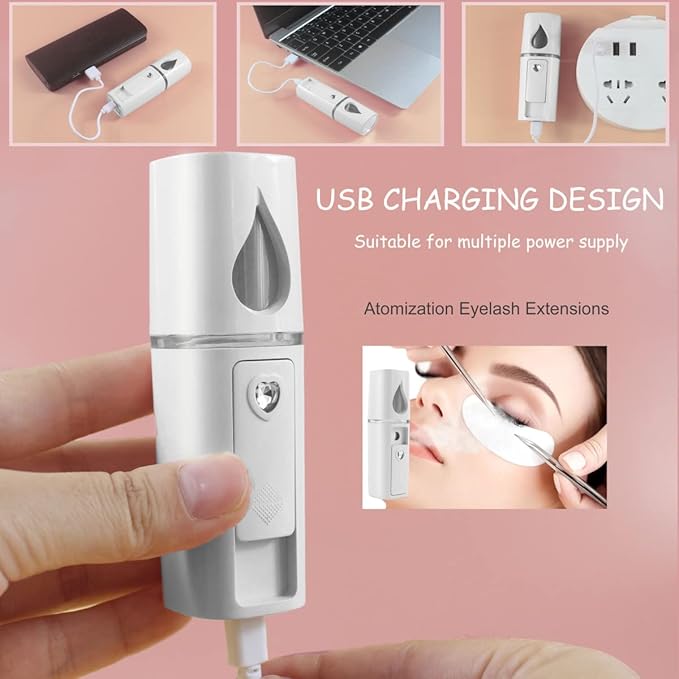 Nano Facial Mister Portable Mist Sprayer with Mirror Mini Cool Mist Spray for Skin Care & Facial Body Moisturized & Eyelash Extensions, USB Rechargeable (White)-GlimoraGlow