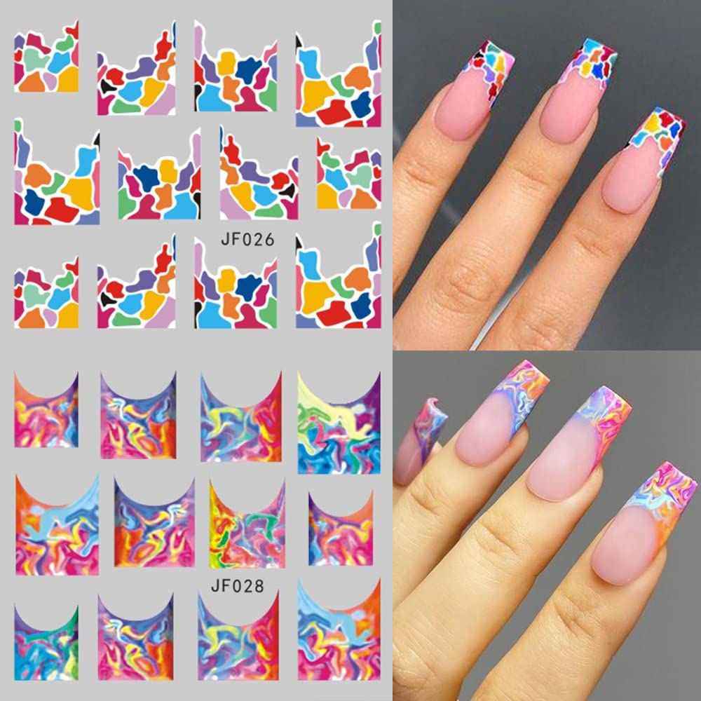 12 Sheets Colorful Stripes Nail Art Stickers Geometric Rainbow Wave Design Water Transfer Nail Decals for Nails Art Abstract French Pattern Acrylic Slider Nail Foils for Women Manicure Nail Decor-GlimoraGlow