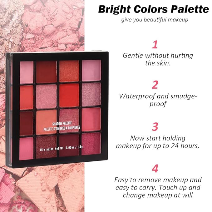 16 Girds Colorful Matte Shimmer Eyeshadow Palette for Eye Makeup,High Pigmented Eye Shadow Primers Powder Palet de sombras de ojos-Pink Red#-GlimoraGlow