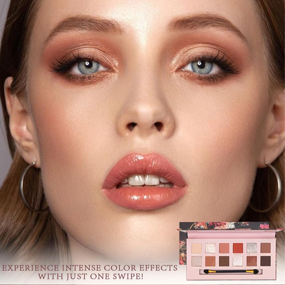 12Colors Eye Shadow Palette With Mirror and Brush,Nude Pink Brown Neutral Natural Eyeshadow Palette,Long Lasting Waterproof Travel Size Makeup Pallete-GlimoraGlow