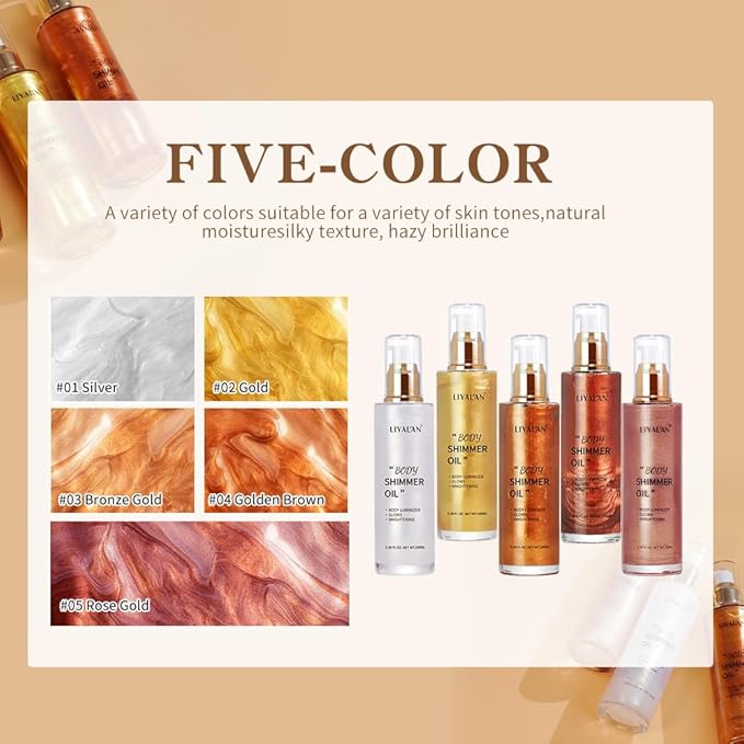 Liyalan Shimmer Body Oil Rose Gold 5 Color Bronze Face Glow Pearl Highlighter Illuminator body Makeup Shine Glitter Gold Liquid Taning 3.38 Fl Oz-GlimoraGlow
