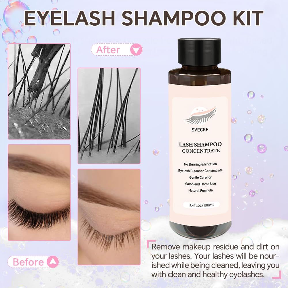 Lash Concentrate Shampoo 100ml for Lash Extension, Lash Shampoo Kit for Eyelash Cleansing, Oil-Free Eyelash Extension Cleanser Concentrate, Lash Cleaning Kit with Brush Bottle-GlimoraGlow