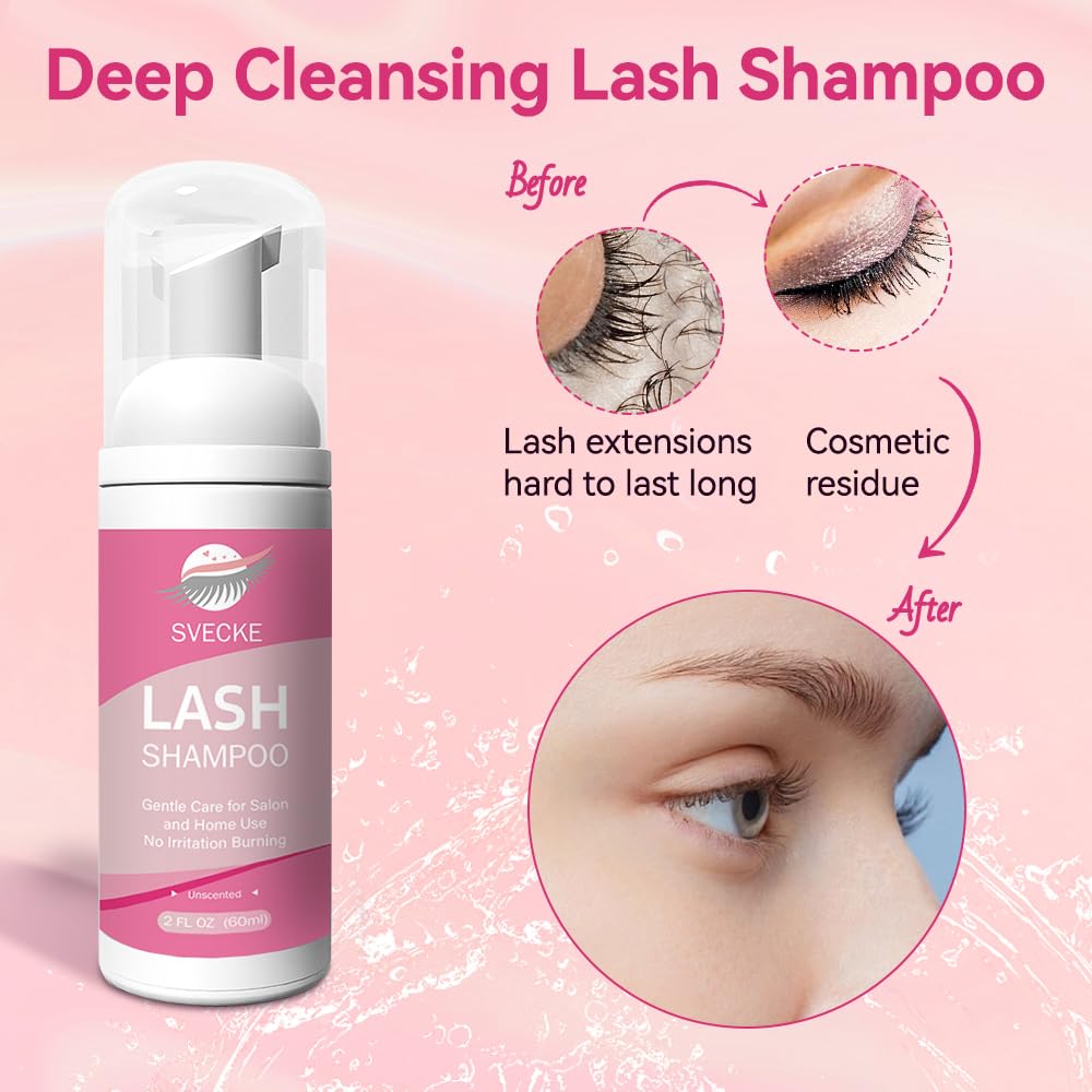 Lash Shampoo Kit, 2 fl.oz / 60ml Eyelash Cleanser, Lash Cleaning Kit with Brush, Eyelash Shampoo for Lash Extensions, Eyelash Remover for Salon and Home Use-GlimoraGlow