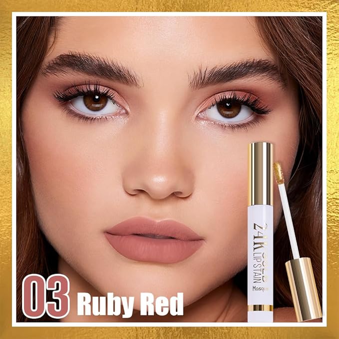2025 New 24K Gold Liquid Lip Gloss Peel Off Lip Stain Tattoo with Tweezer, Ruby Red Lips Stain Peel Off Masque, Long Lasting Waterproof Lip Tint Stain, Transfer-proof for All Skin Types 03#-GlimoraGlow