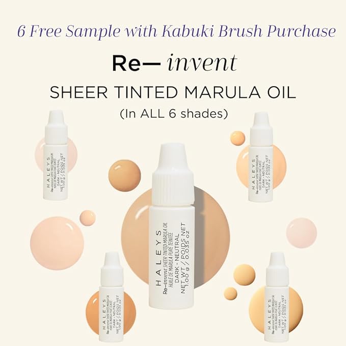 HALEYS Kabuki Makeup Brush + GWP Skin Tint Mini, VEGAN+CRUELTY-FREE, Sustainable Wood, Vegan Bristles for Airbrushed Finish, For Creams, Liquids, Powder, Streak-free, Perfect Blending, Buffs, Blurs-GlimoraGlow