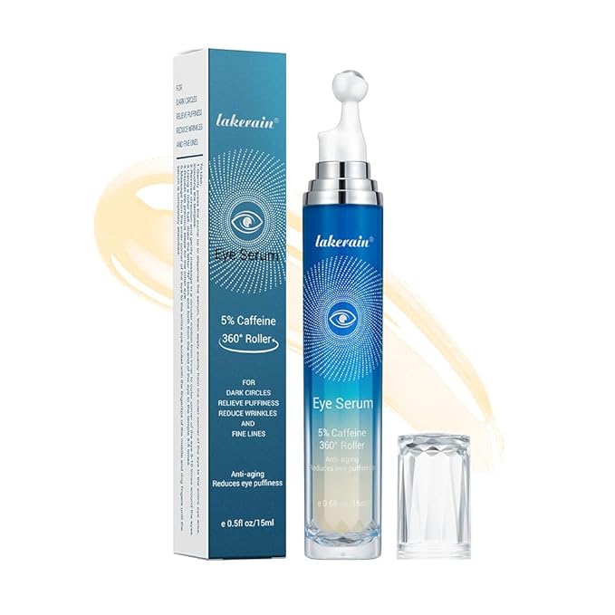 5% Caffeine Eye Serum, Under Eye Roller Cream for Dark Circles and Puffiness with 360°Massage Ball Reduce Wrinkles and Fine Lines，Bags Under Eyes，15ML-GlimoraGlow