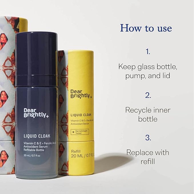 Vitamin C Serum Refill with Ferulic Acid and Vitamin E for Glowing Radiant Skin by Dear Brightly, Face Brightening, Facial Serum for Sensitive Skin, Refillable Glass Bottle, 0.7 fl oz-GlimoraGlow