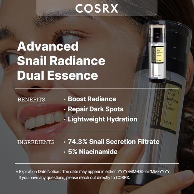 COSRX Niacinamide 5% + Snail Mucin 74% Dual Essence, Anti aging Face Serum for Dull Skin, Hydrating, Brightening, Repairing, 2.70 fl.oz / 80ml, Sensitive Skin, Not Tested on Animals, Korean Skincare-GlimoraGlow