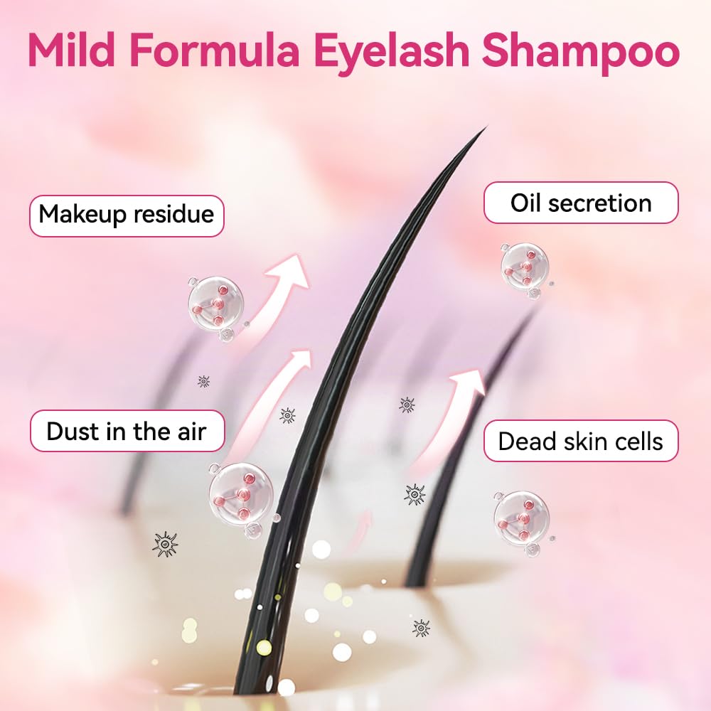 Lash Shampoo Kit, 2 fl.oz / 60ml Eyelash Cleanser, Lash Cleaning Kit with Brush, Eyelash Shampoo for Lash Extensions, Eyelash Remover for Salon and Home Use-GlimoraGlow