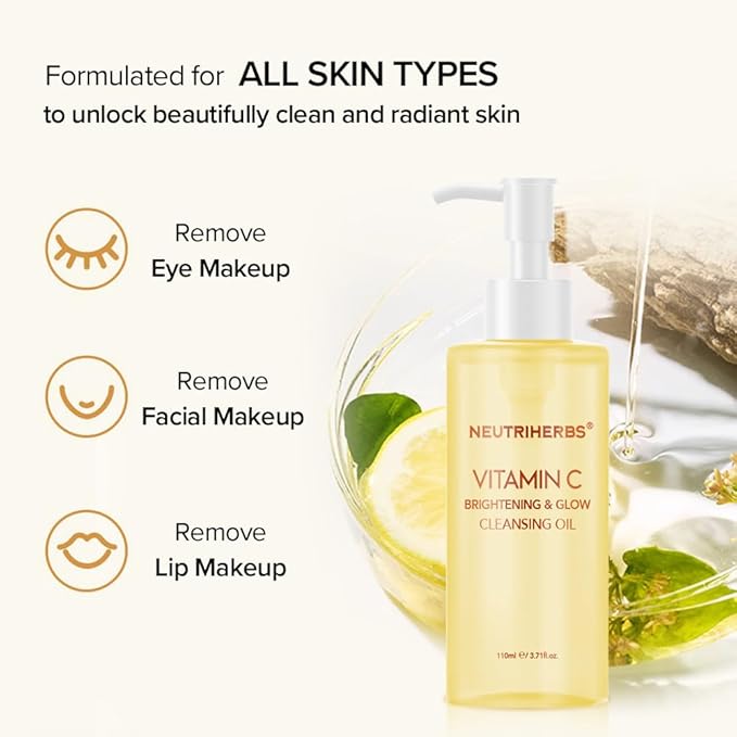Neutriherbs Makeup Remover Oil Cleanser, Vitamin C Cleansing Oil for Long Last and Waterproof Makeup, Sunscreen, Fit All Skin Type - 3.71 Fl.Oz-GlimoraGlow