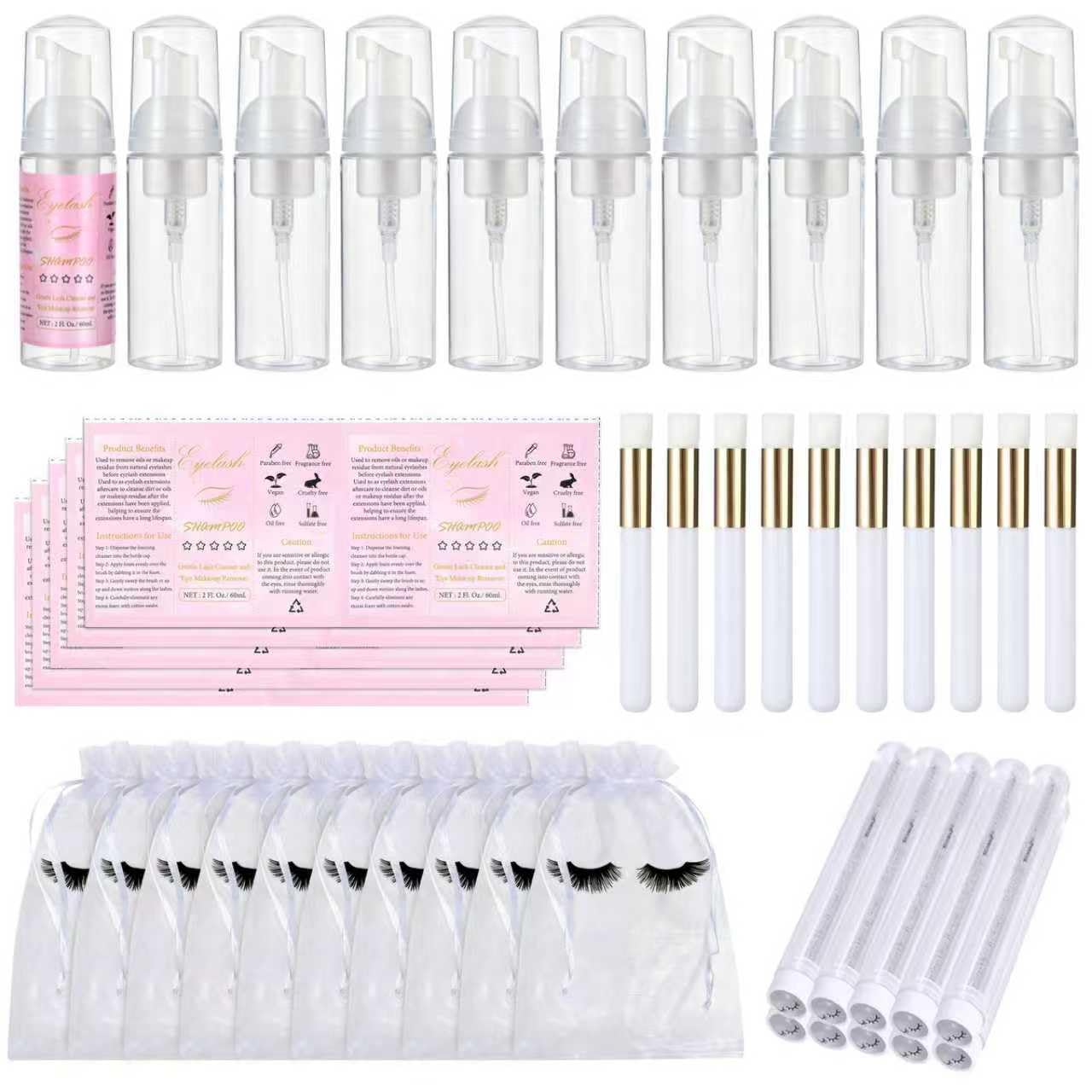 50 Pcs Lash Shampoo Bottle Brushes Set 10 Empty Foam Pump Dispensers 10 Label Stickers 10 Mascara Wands and Tubes 10 Cleansing Brush 10 Bag for Eyelash Extensions Aftercare(White)-GlimoraGlow