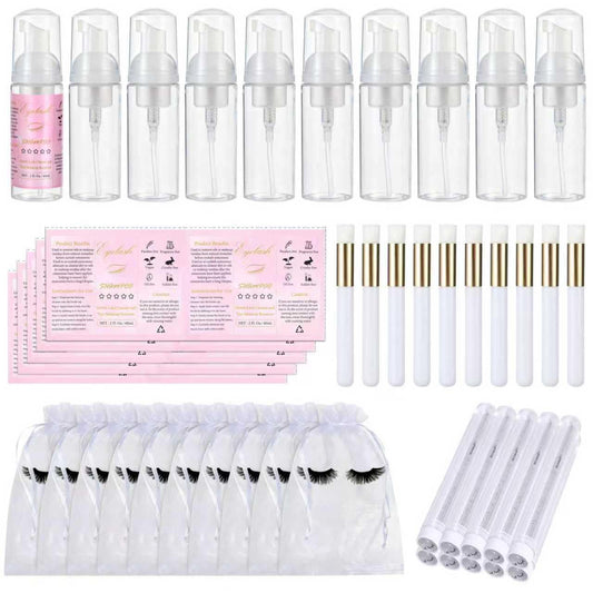 50 Pcs Lash Shampoo Bottle Brushes Set 10 Empty Foam Pump Dispensers 10 Label Stickers 10 Mascara Wands and Tubes 10 Cleansing Brush 10 Bag for Eyelash Extensions Aftercare(White)-GlimoraGlow