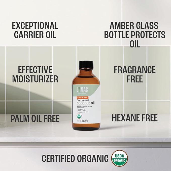 J MAC BOTANICALS Organic Fractionated Coconut Oil (4 oz Glass Bottle) Organic Carrier Oil and moisturizer-GlimoraGlow